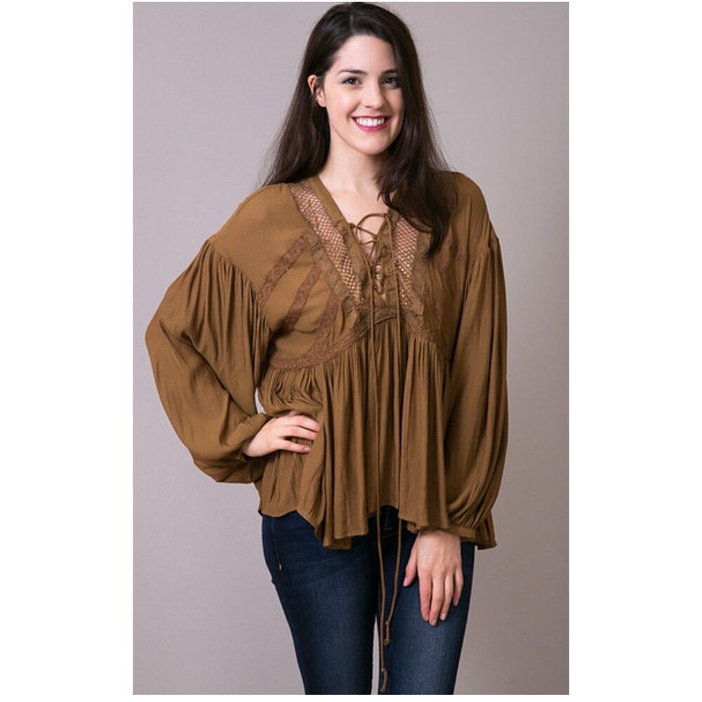 Free People Bell Sleeve Blouse Flowy Peasant Burgundy Brown boho top Size Small
